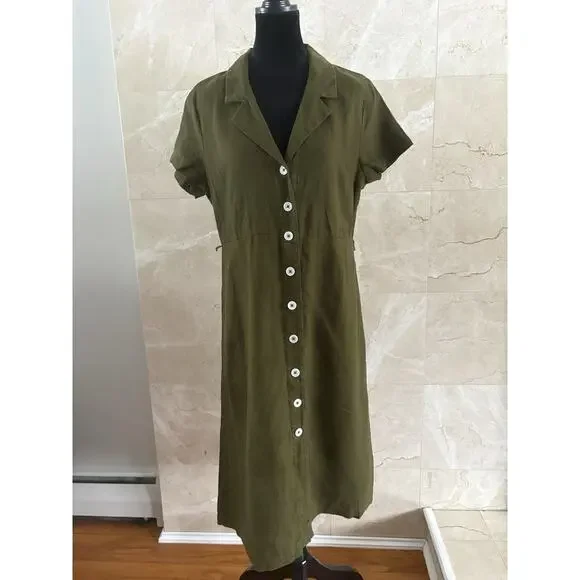 Quince European Linen Button Front Midi Dress - M Olive Green Spring Capsule - Picture 8 of 11